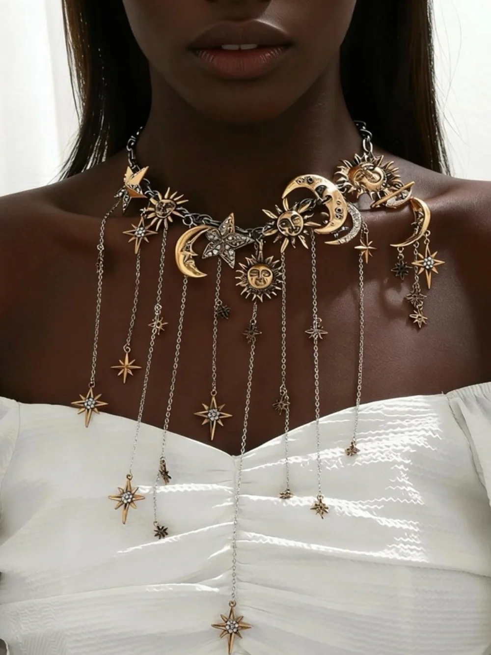 Sun & Moon Statement Necklace - Silver & Gold